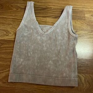 Cropped tan/khaki V-Neck Ribbed Tank Top